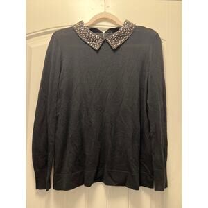 Halogen Women’s Petite Embellished Collar Trim Pullover Sweater Size M‎ Black